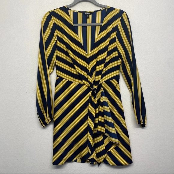 Express Stripe Satin Tunic Blouse Navy Yellow S Petite - Picture 1 of 6